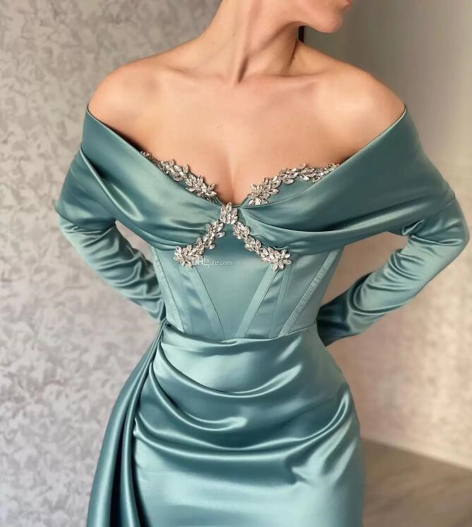 Dusty Blue Mermaid Evening Dresses Off Shoulder Long Sleeve Pleated Stain Arabic Aso Ebi Boning Prom Occasion Gown