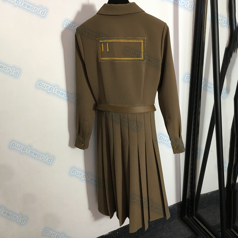 Embroidered Lettering Dresses Women Long Sleeve Pleated Dress Fashion Waist Belt Female Long Skirts