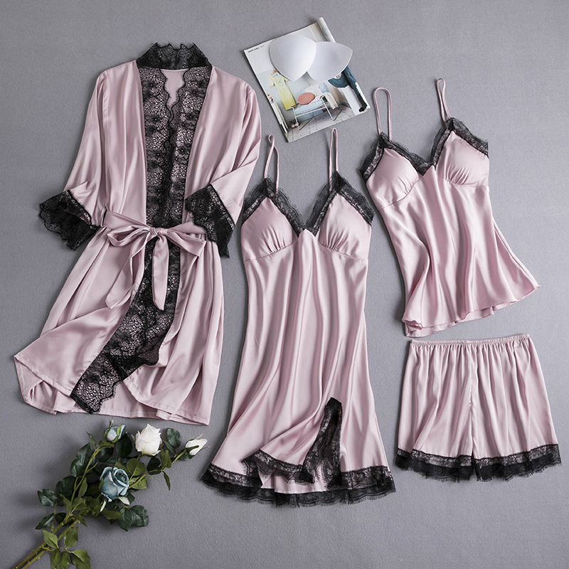 Women's 4-Piece Sexy Ice Silk Suspender Shorts Set Summer Lingerie Nightgown Pamas Home Clothes with Chest Pad