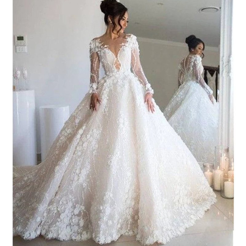Full Beading Ball Dress Illusion Long Sleeve Open Back Wedding Gowns Bride Dresses 0523