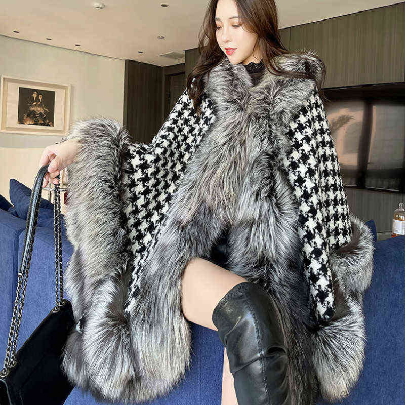 

Women's Cape Winter Jacket Women Houndstooth Splicing Imitation Fur Coat Loose Casual Shawl Furry Oversized Cloak Luxury Designer Coat T220831, As shown