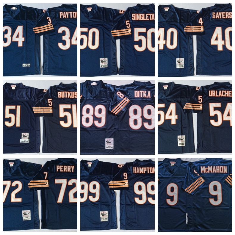 Mens Vintage Football Jerseys 34 Walter Payton Gale Sayers Brian Urlacher William Perry Dan Hampton 51 Butkus Singletary Jim McMahon Mike
