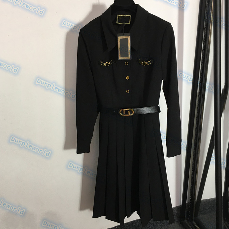 Embroidered Lettering Dresses Women Long Sleeve Pleated Dress Fashion Waist Belt Female Long Skirts