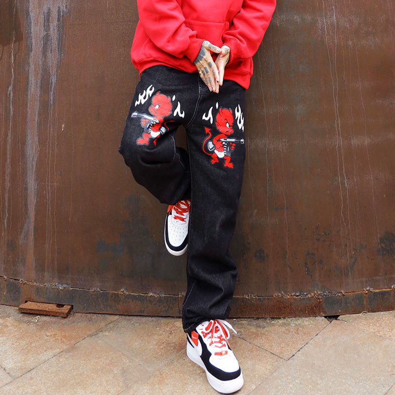 Mens Jeans Mens jeans American street little devil retro Y2K niche print black denim hiphop hip hop loose straight fried street trousers 220831
