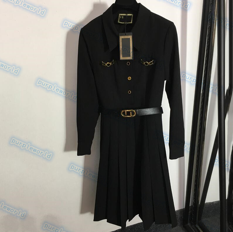 Embroidered Lettering Dresses Women Long Sleeve Pleated Dress Fashion Waist Belt Female Long Skirts