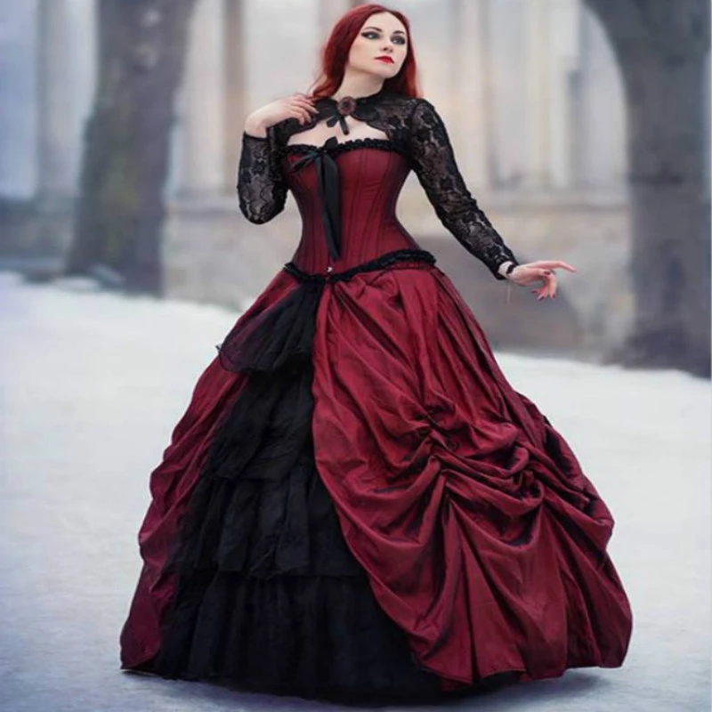 Victorian burgundy and Black Wedding Dress with Jacket Plus Size Gothic Applique Lace-up Corset Pleated Beauty Bride Gowns
