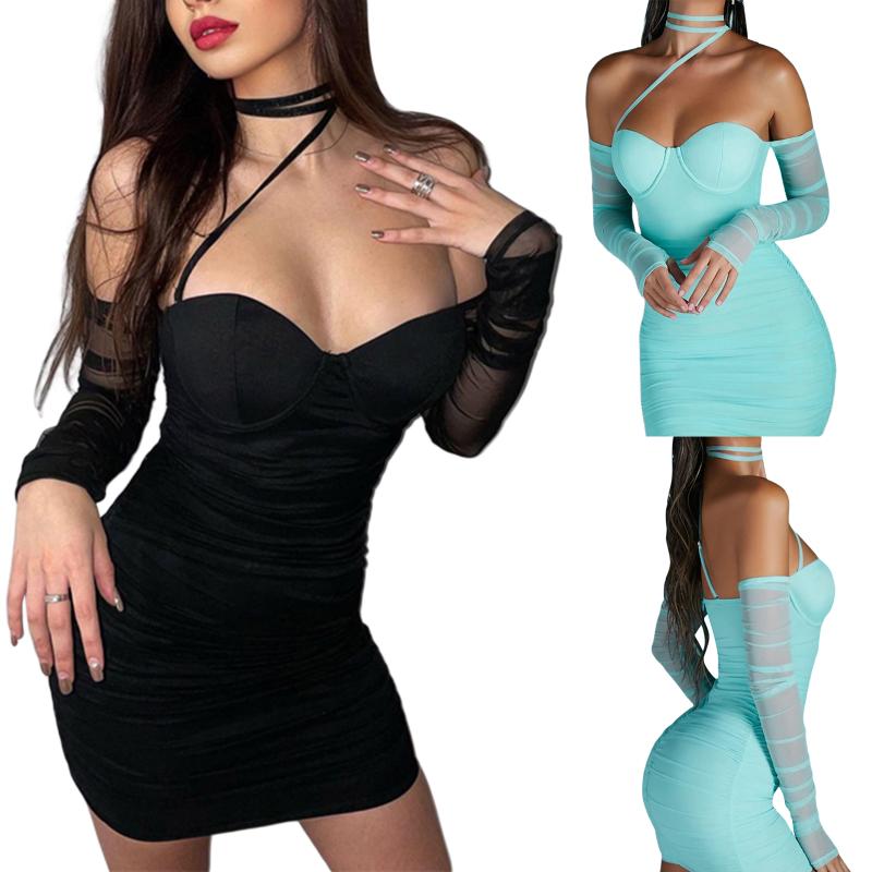 Casual Dresses Women Mini Dress Solid Color Off-shoulder V-neck Tube Top Spliced Mesh Long Sleeves, Black
Casual Dresses Women Mini Dress Solid Color Off-shoulder V-neck Tube Top Spliced Mesh Long Sleeves, Black