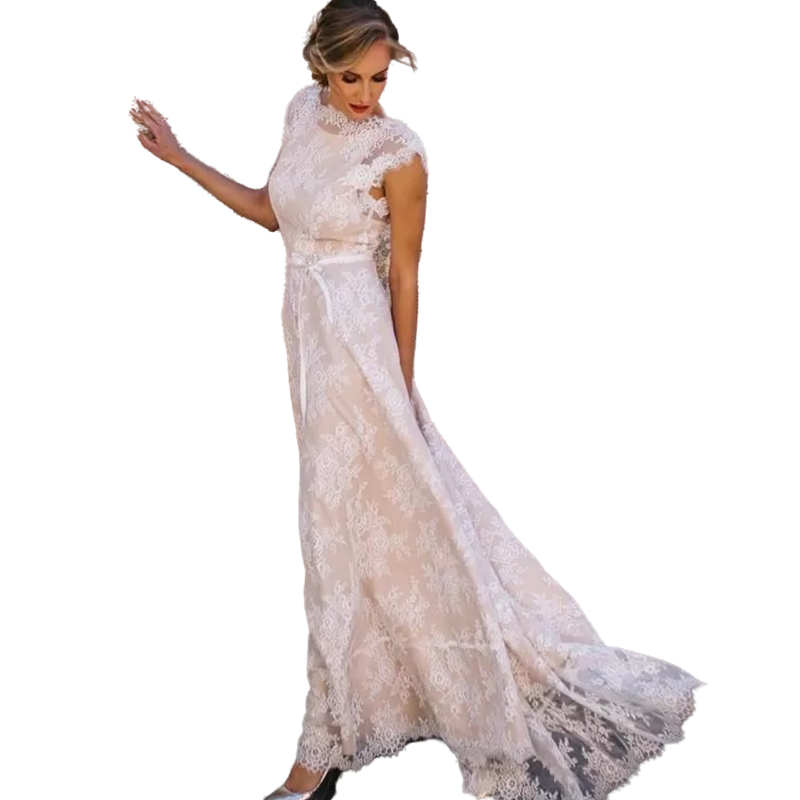 Vintage Beige And Ivory Lace Country Wedding Dresses Bridal Gowns Trains A e Open Back Summer Boho Beach Bride Dress Vestidos