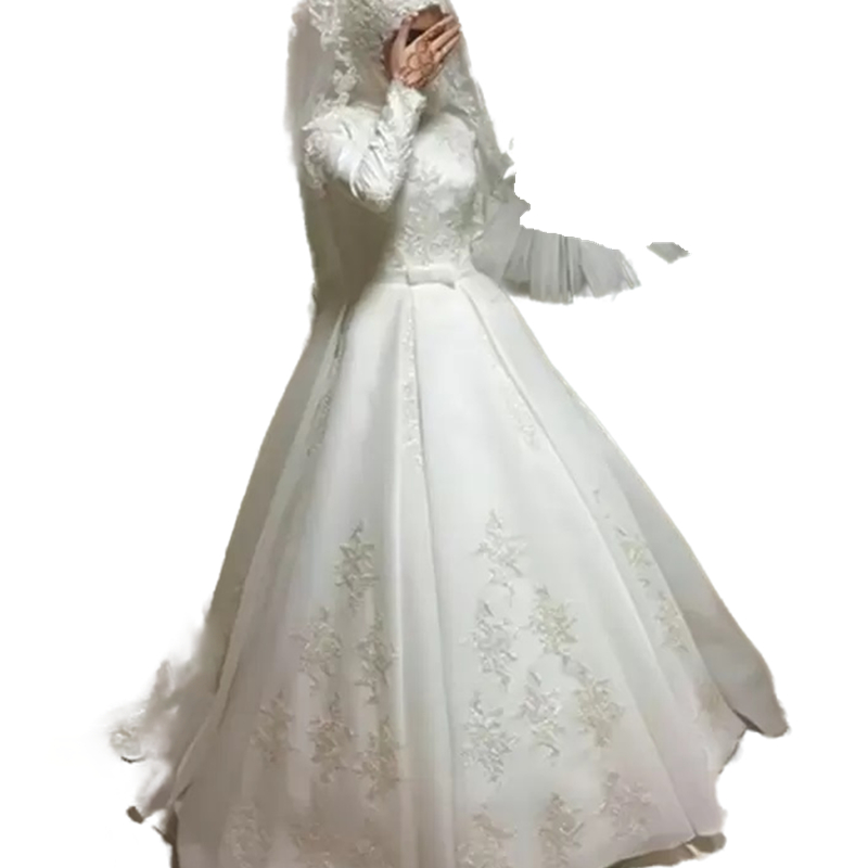 Modest Islamic Muslim White Wedding Dresses Bridal Gowns With Hijab Ball Gown Long Sleeves Arabic Bride Dress Applique Lace Full Length