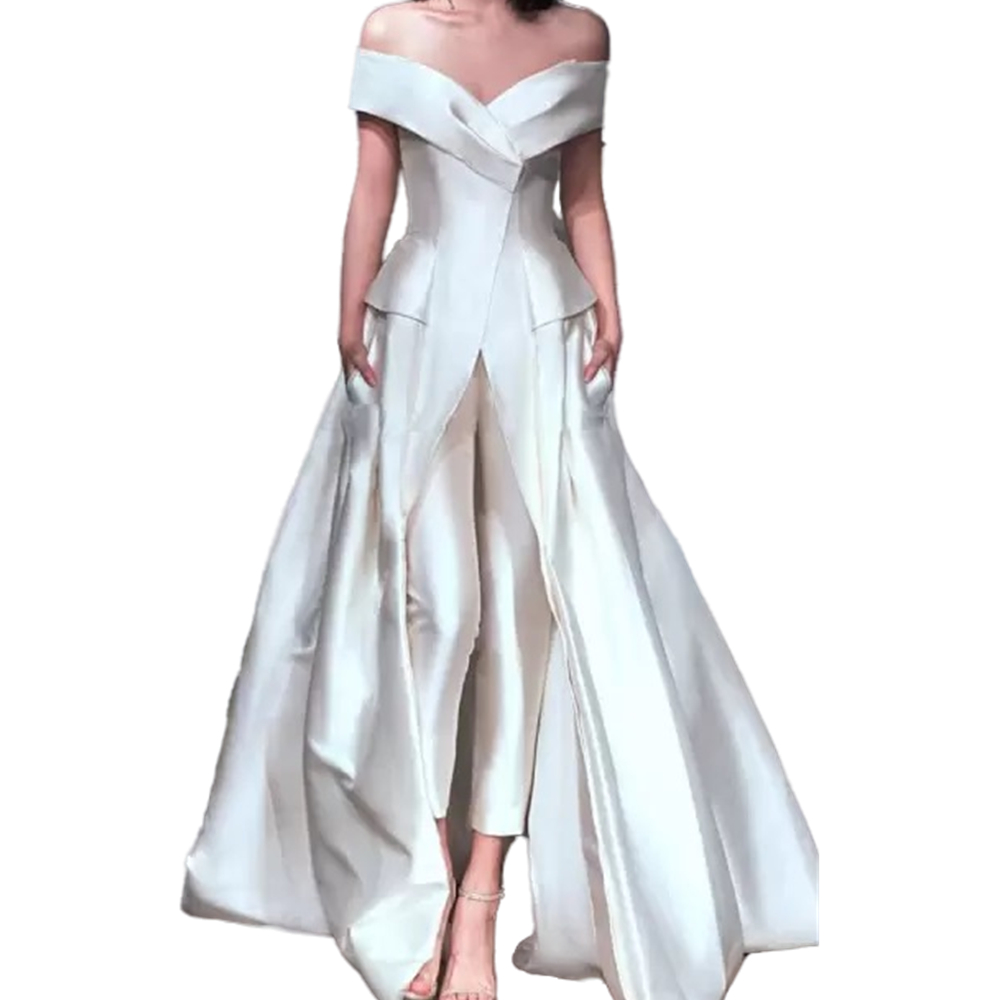 Elegant Ivory Off Shoulder Evening Dresses Women Formal Jumpsuits Detachable Overskirt Split Front Prom Dress 2023 Pants Suits Vestidos Reception Gown