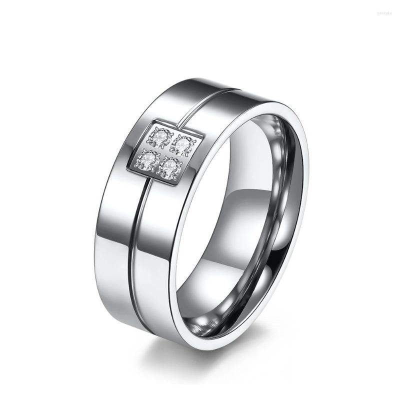 Wedding Rings 8mm Stainless Steel Rhinestone Ring Men And Women Engagement Single Line