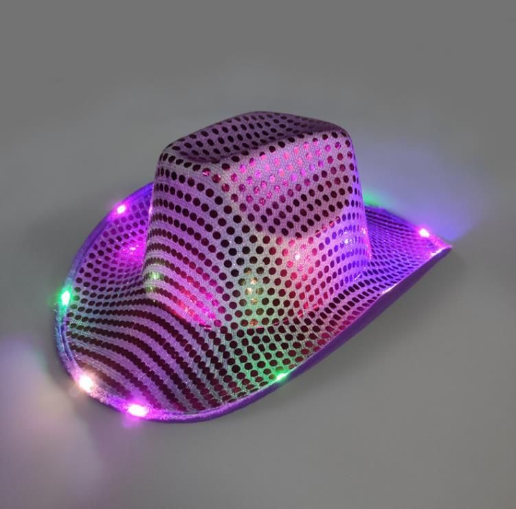 Wholesale Cowgirl LED Hat Flashing Light Up Sequin Cowboy Hats Luminous Caps Halloween Costume FY7970