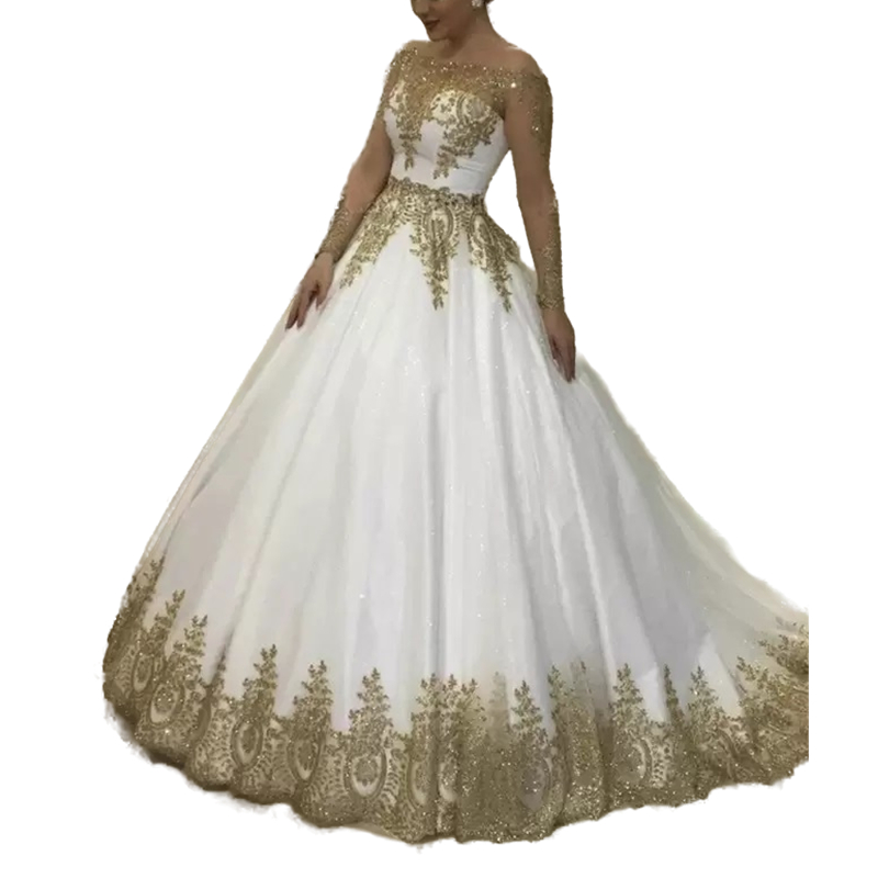 2023 Luxury Dubai Wedding Dresses Bridal Gowns White And Gold Sheer Long Sleeves Bateau Neck Appliqued Sparkly Glitter Sequins Lace Bride Formal Wear