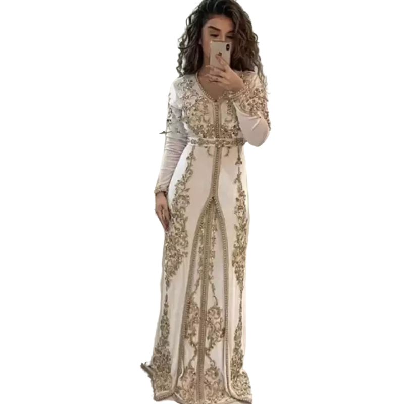 2023 Elegant Ivory Moroccan Kaftan Muslim Evening Dresses Long Sleeve Appliques Golden Lace Islamic Saudi Arabia Dubai Formal Party Gowns