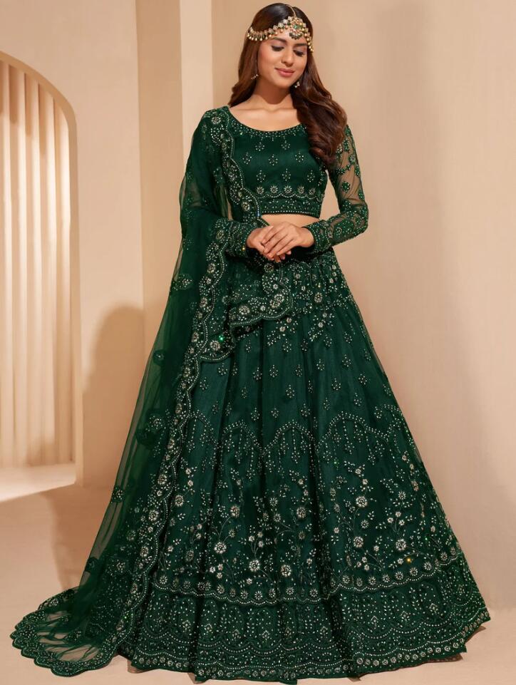 Lehenga Choli Evening Occasion Dresses with Wrap Hunter Green Traditional Lehangas Choli Caftan Long Sleeve Prom Gown