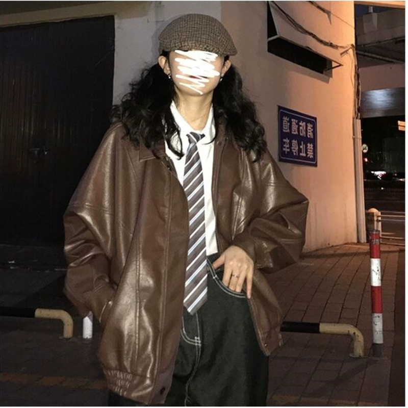 Women s Jackets Autumn PU Leather Jacket Spring Vintage Brown Motorcycle Coat Female Korean Loose Street Outwear 221130
