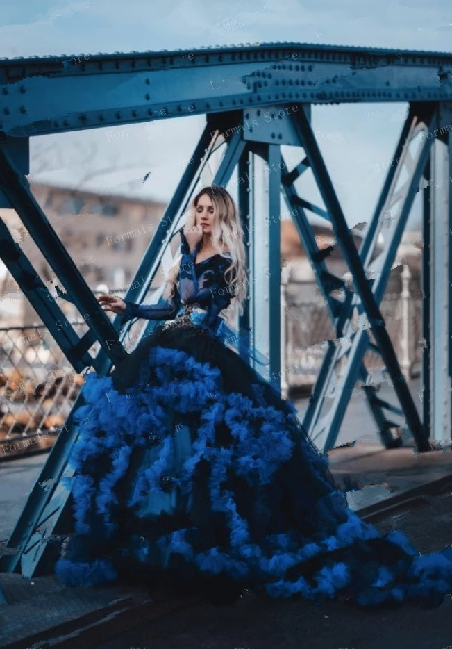 Long Sleeve Princess Prom Dresses 2023 High Low Lace Ruffles Clound Fairy Tulle Skirt Royal Blue Photoshoot Evening Gown