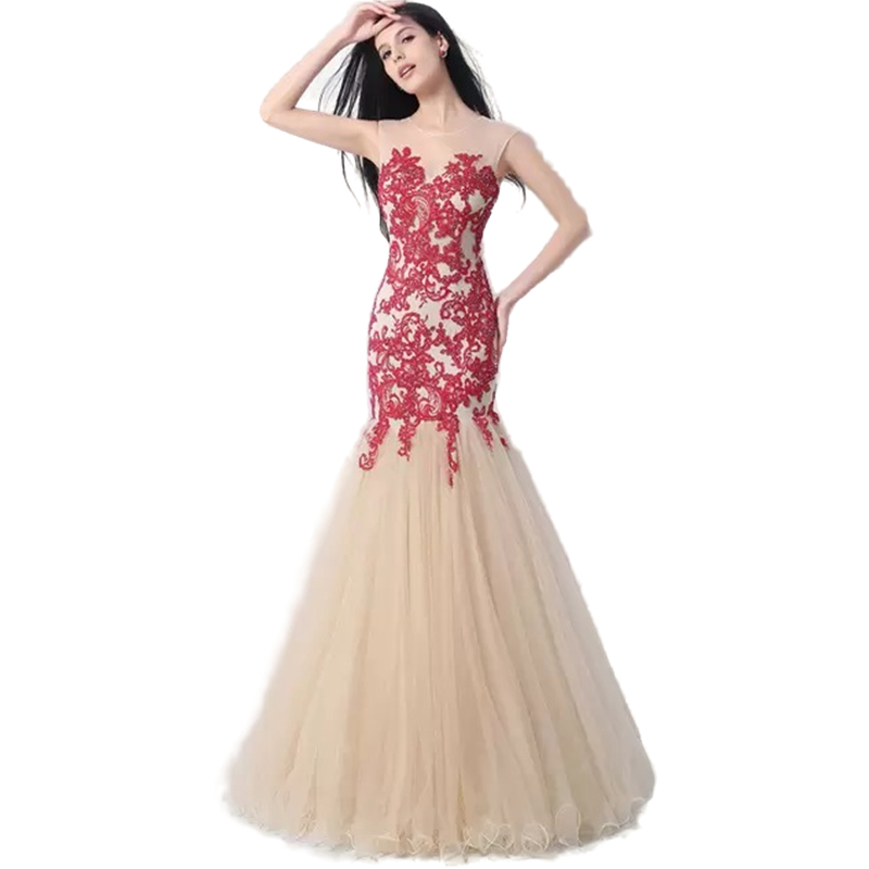 2023 Champagne And Red Mermaid Prom Dresses Sexy Keyhole Back Appliques Lace Beaded Floor Length Formal Evening Gowns Party Dress