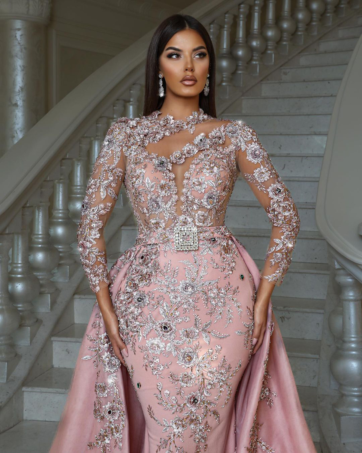Exquisite Pink Prom Dresses Long Sleeves Beading Lace Tassels Party Dresses Crystals with Overskirts Custom Made Evening Dress