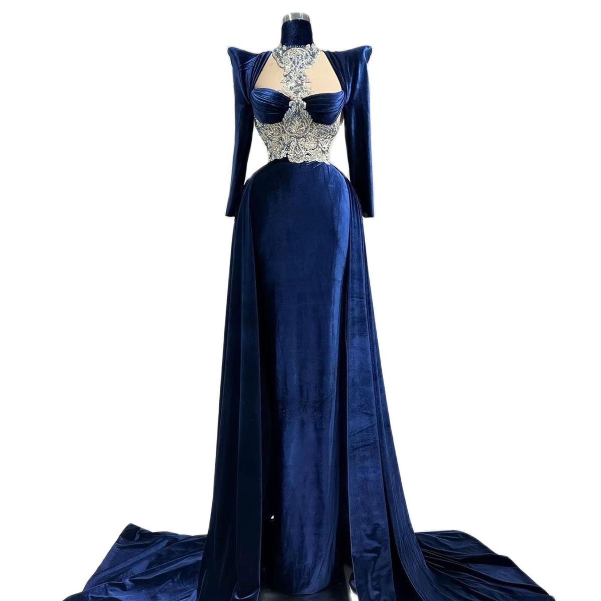 Fashion Royal Blue Mermaid Evening Dresses Sexy High Neck Applique Prom Dress Floor Detachable Train Velvet Formal Party Gowns