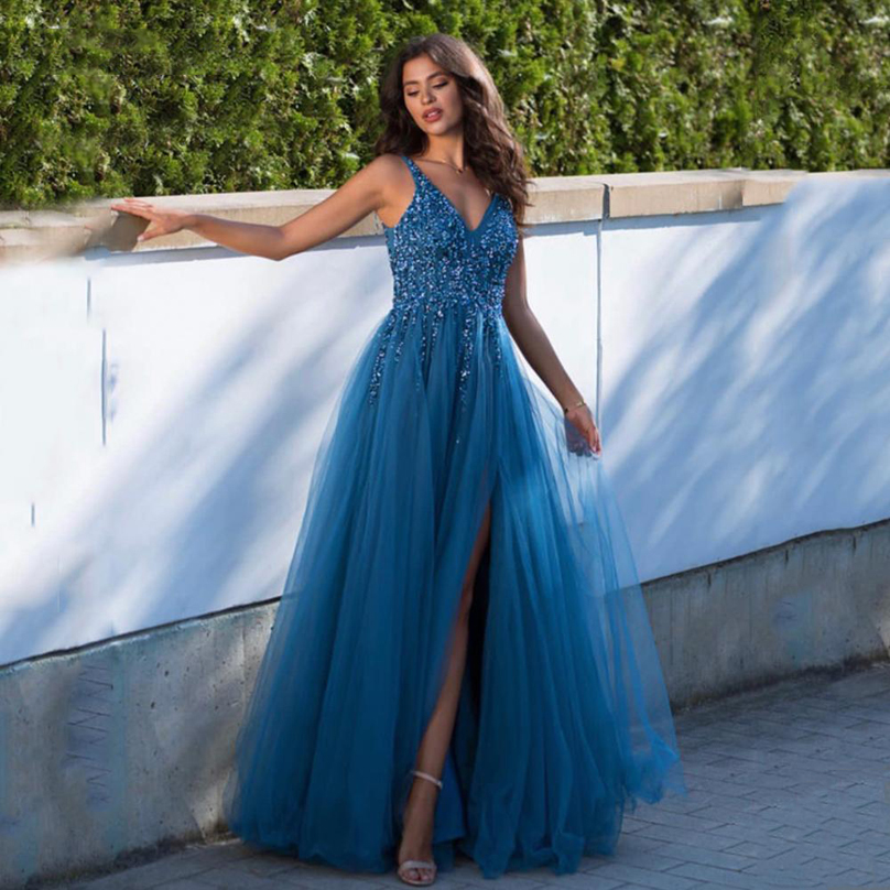 Deep V Neck High Split Formal Evening Dresses with Beaded Tulle Floor Length Tulle Prom Party Gowns for Women, White
Deep V Neck High Split Formal Evening Dresses with Beaded Tulle Floor Length Tulle Prom Party Gowns for Women, White