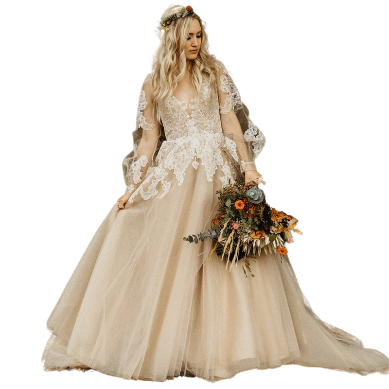Country A-Line Tulle Wedding Dress V Neck Long Puffy Sleeves Lace Appliques Beige And Ivory Plus Size Bridal Gowns Sexy Open Back Forset Vestido De No