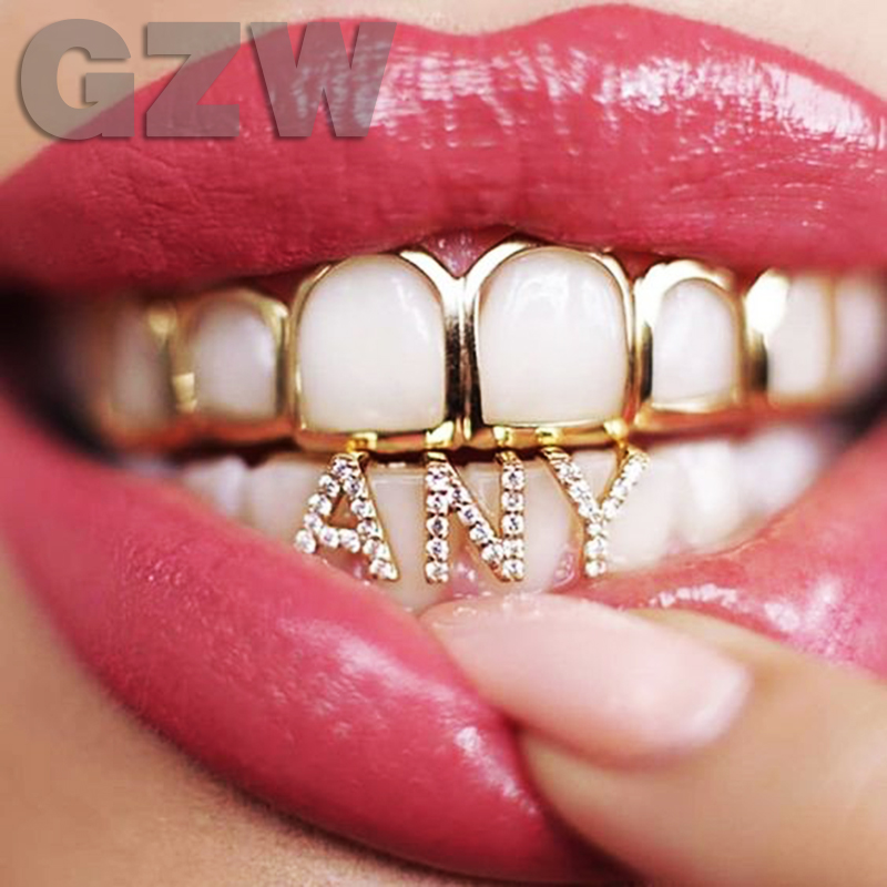 White Gold Iced Out A-Z Custom Name Letter Grillz Full Diamond Cubic Zirconia Bling Teeth DIY Fang Grills Bottom Tooth Cap Hip Hop Single Dental Mouth Braces Jewelry