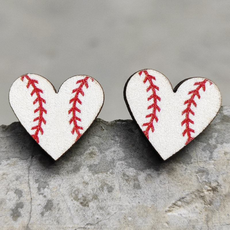 Heart Sports Stud Baseball Earrings Rugby Football Basketball Wooden Stud Fashion Accessories Gift