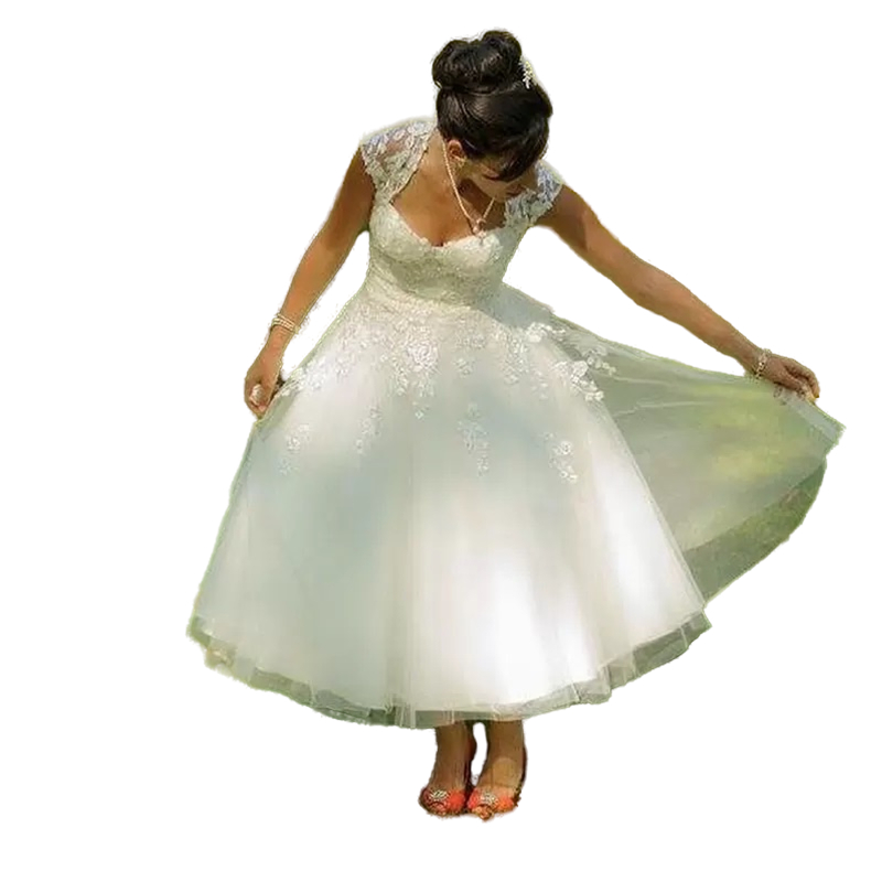Vintage Short Wedding Dresses Briadal Gowns 2023 Tea Length A-Line Tulle Graden Bride Dress Appliques Lace Back Buttons Vestidos de Novia