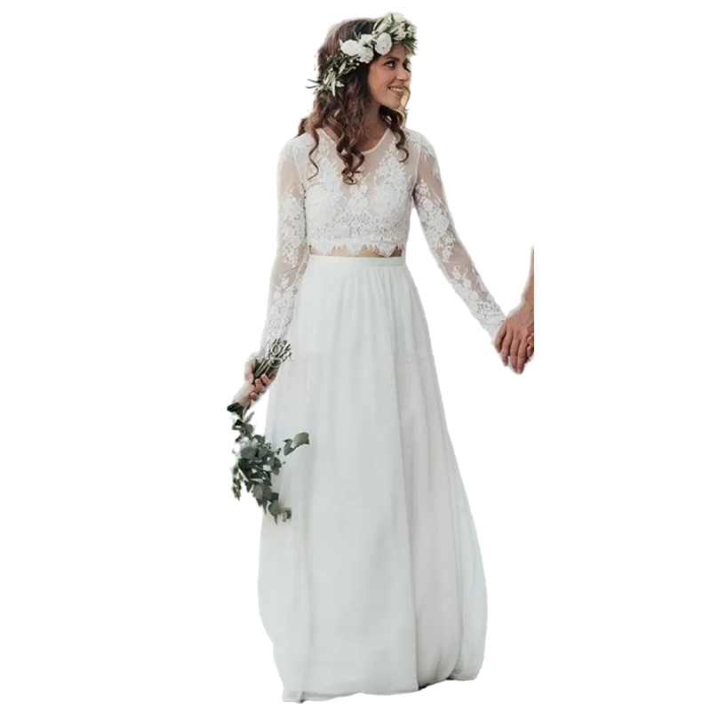 Simple Bohemian A-Line Wedding Dress 2023 Two Piece Lace Chiffon Bride Dresses Illusion Top Appliques Long Sleeve Bridal Gowns