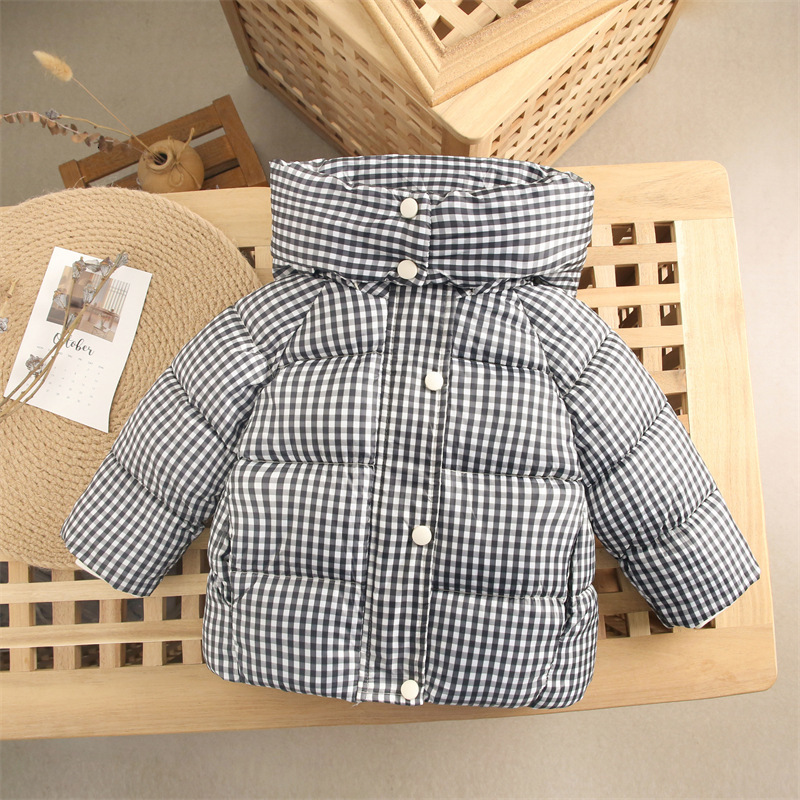 Down Coat 1 6 Years Winter Boy Plaid Turtleneck Hooded Padded Jacket Fashion Plus Thick Cotton Girl Children Casual Warm Outerwear 221130 - view 3
