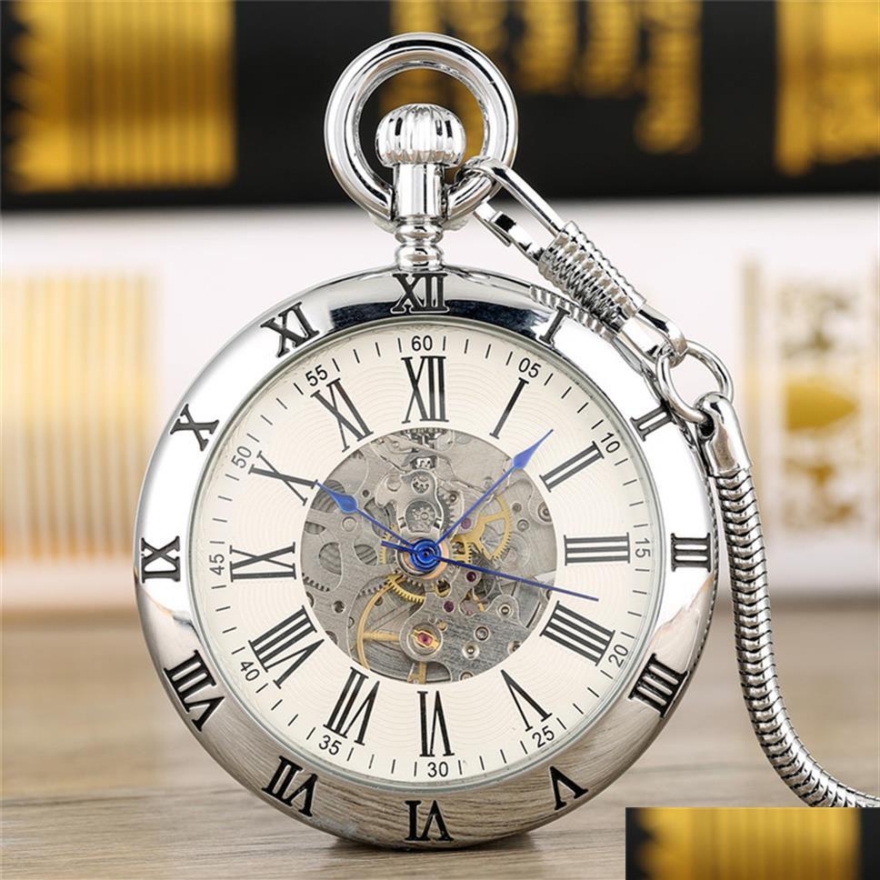 Pocket Watches Steampunk Vintage Sier Golden Matic Mechanical Pocket Watch Men Women Skeleton Dial Watches Pendant Chain Clock Reloj Dhpsk, Silver