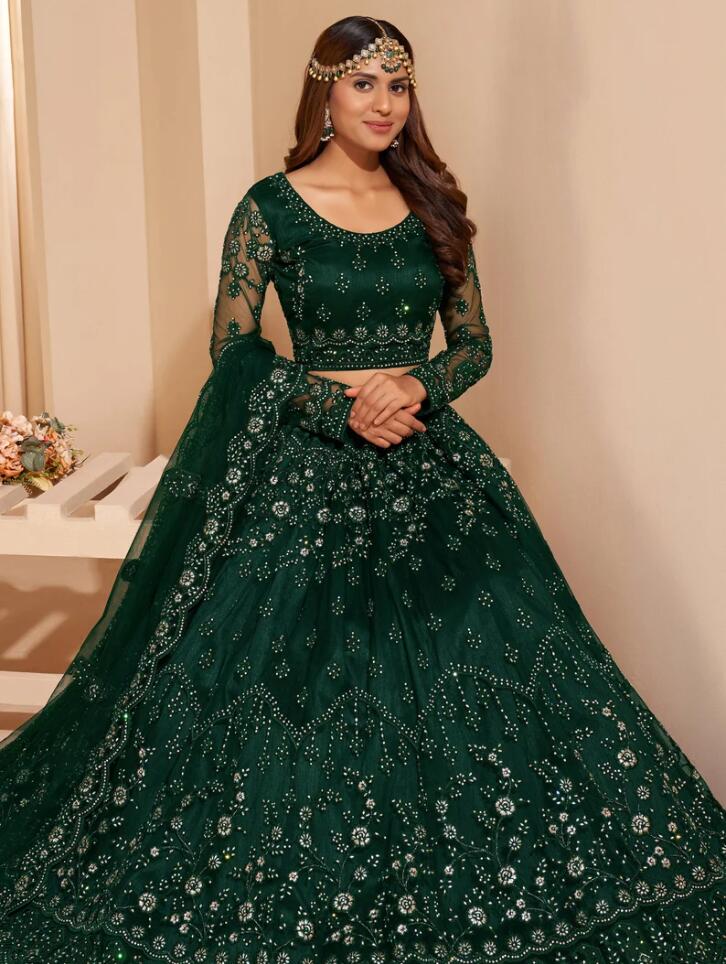 Lehenga Choli Evening Occasion Dresses with Wrap Hunter Green Traditional Lehangas Choli Caftan Long Sleeve Prom Gown