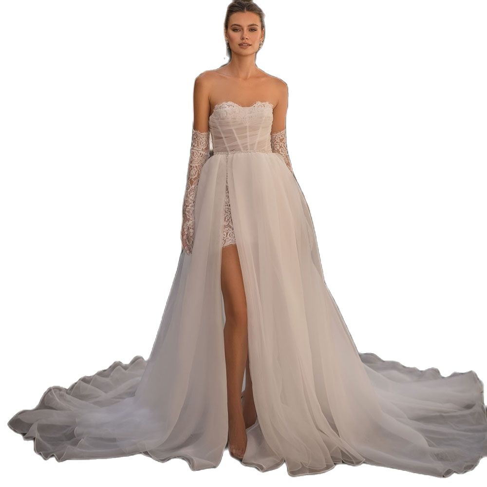 Summer Boho A Line Wedding Dress Sexy Strapless Lace Appliques Backless Bridal Gowns vestido de casamento