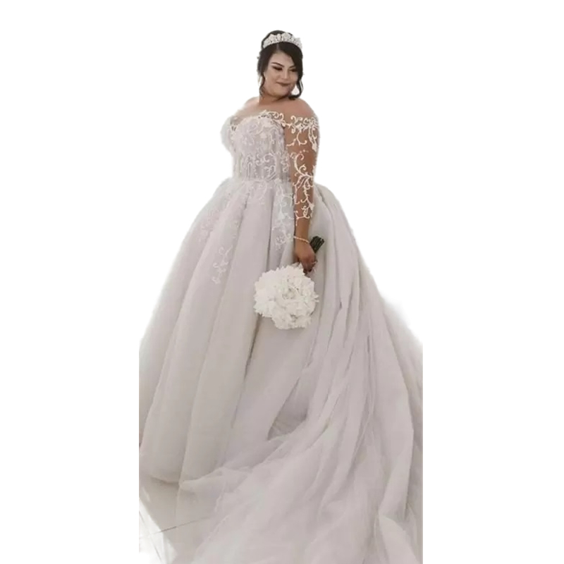 Plus Size Long Sleeve Wedding Dress Tulle Bridal Gowns 2023 Lace Appliqued Beads Pearls Court Train Sheer Jewel Neck Arabic Dubai Women Bride Dresses 