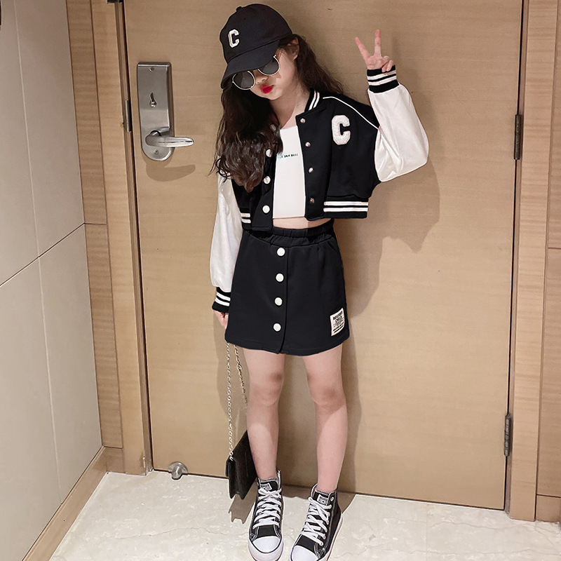 Clothing Sets Brown Baseball Girls Teenager Patchwork Button Black Crop Top Coats A line Skirt Set Varsity Bomber Jacket School Tracksuit 221130