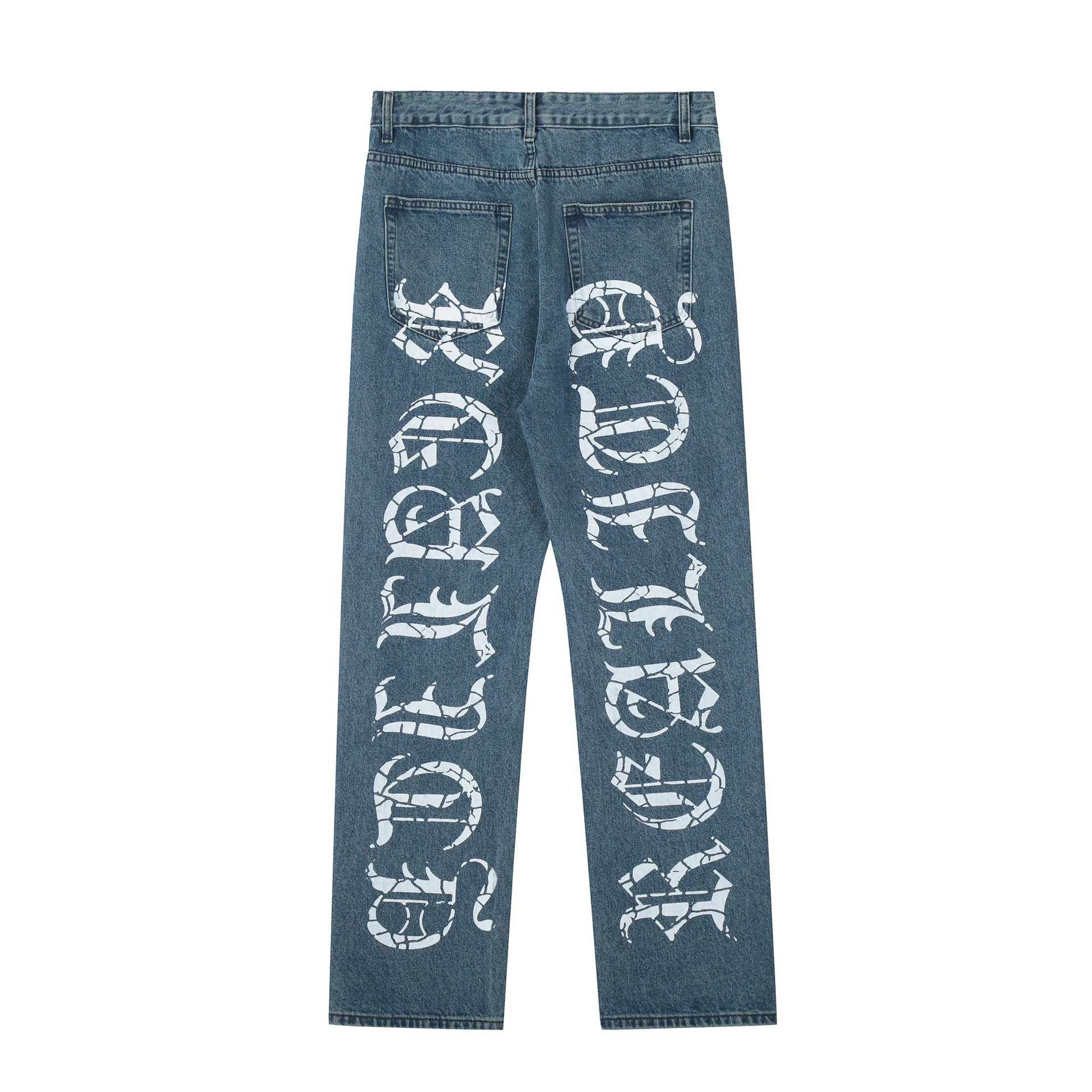 High Street Blue Jeans Men's Pants Back Printed Hip Hop Mens Jean Straight Moto Biker Denim Pants