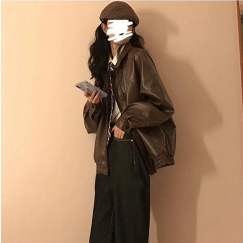 Women s Jackets Autumn PU Leather Jacket Spring Vintage Brown Motorcycle Coat Female Korean Loose Street Outwear 221130