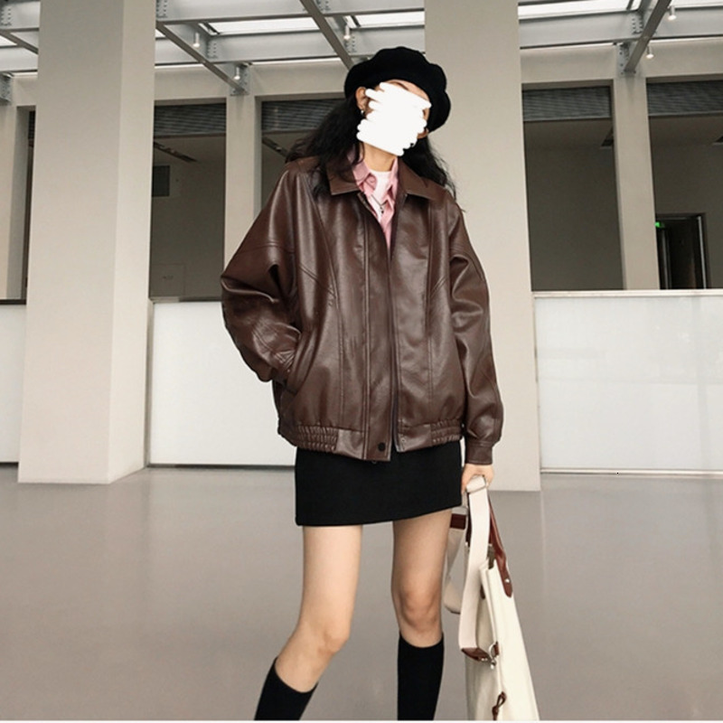 Women s Jackets Autumn PU Leather Jacket Spring Vintage Brown Motorcycle Coat Female Korean Loose Street Outwear 221130