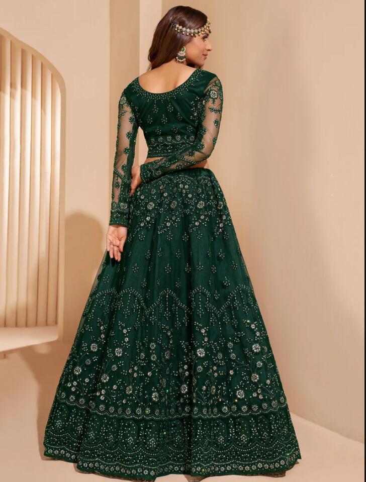 Lehenga Choli Evening Occasion Dresses with Wrap Hunter Green Traditional Lehangas Choli Caftan Long Sleeve Prom Gown