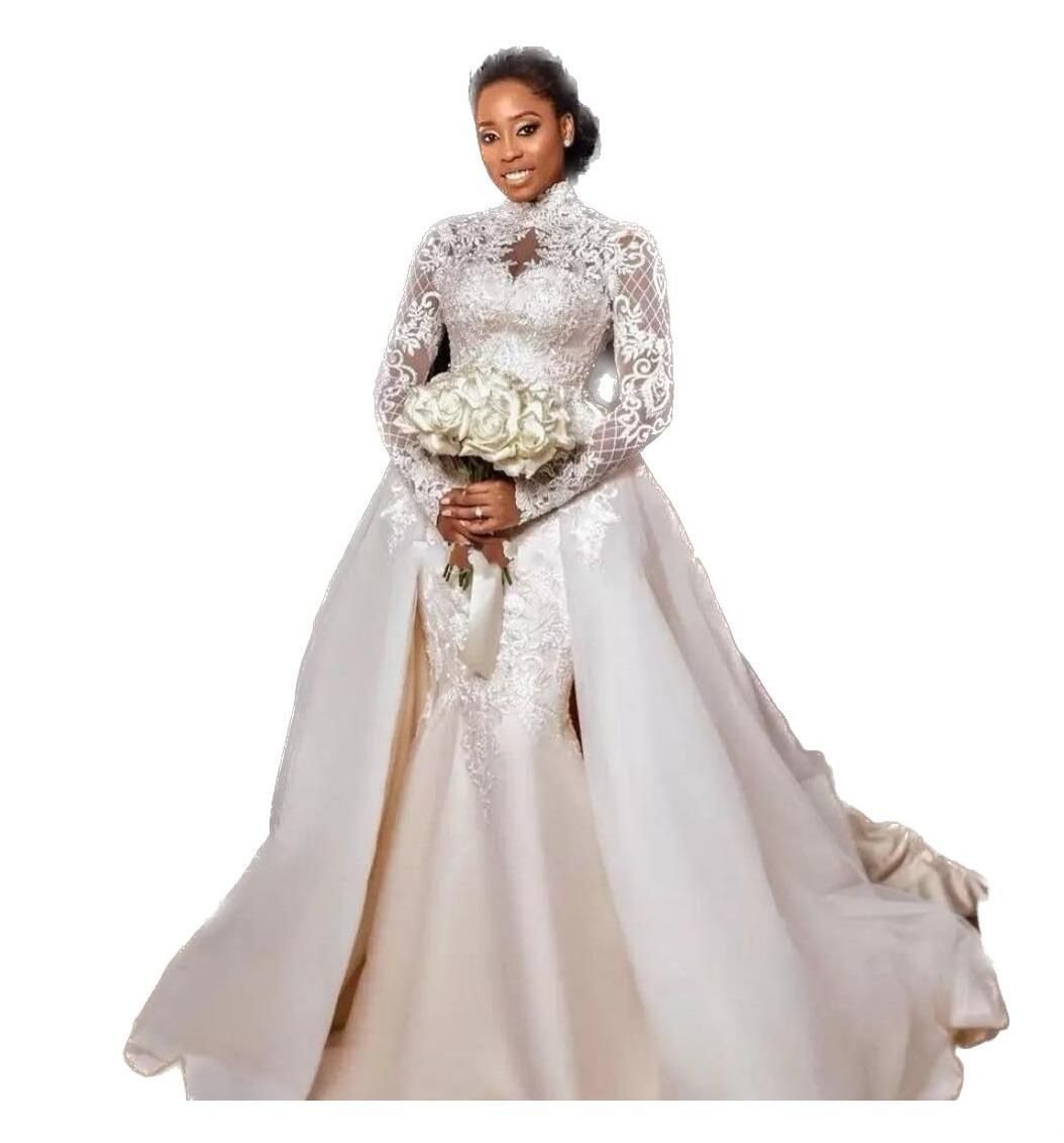 Arabic African Modest Sleeve High Neck Wedding Dresses With Detachable Train Appliques Lace Tulle Long Bridal Gowns Vestido De Novia BC