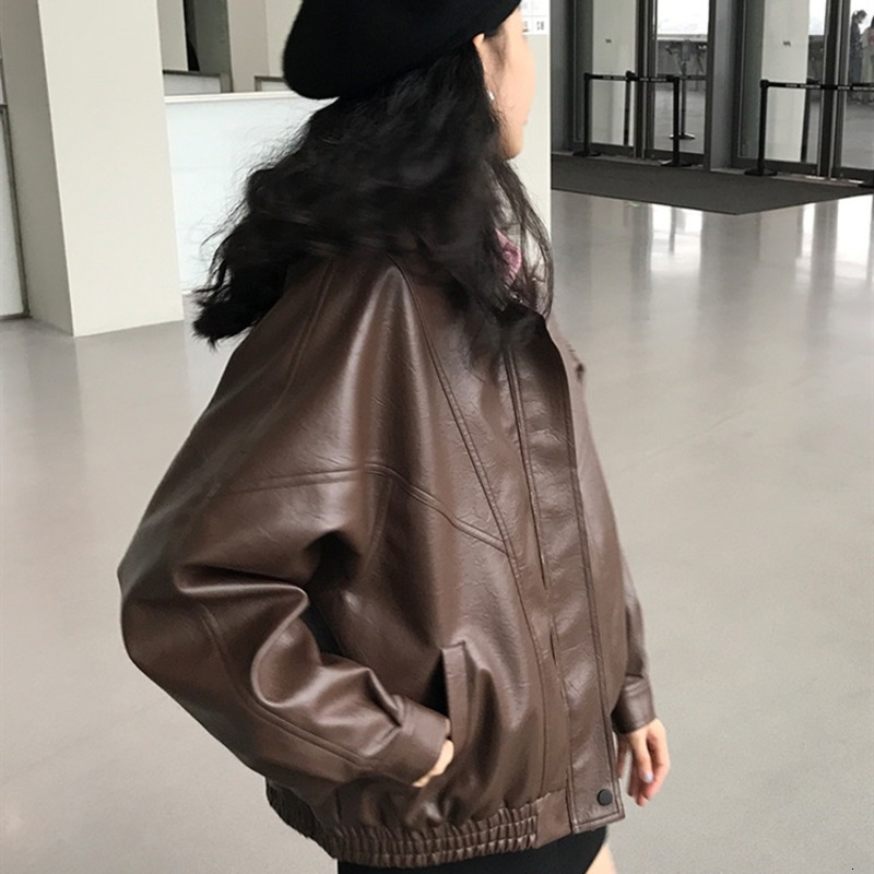 Women s Jackets Autumn PU Leather Jacket Spring Vintage Brown Motorcycle Coat Female Korean Loose Street Outwear 221130