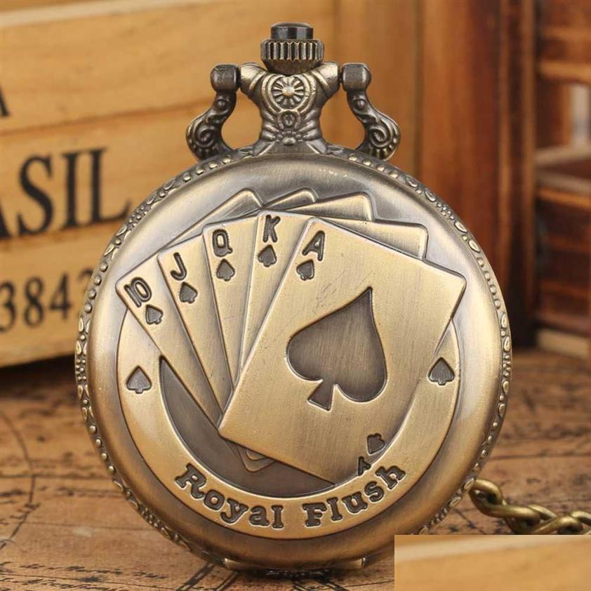 

Pocket Watches Vintage Retro Bronze Royal Flush Quartz Pendant Fob Pocket Watch With Necklace Chain Gift Clock For Men Women228O Dro Dhnvd