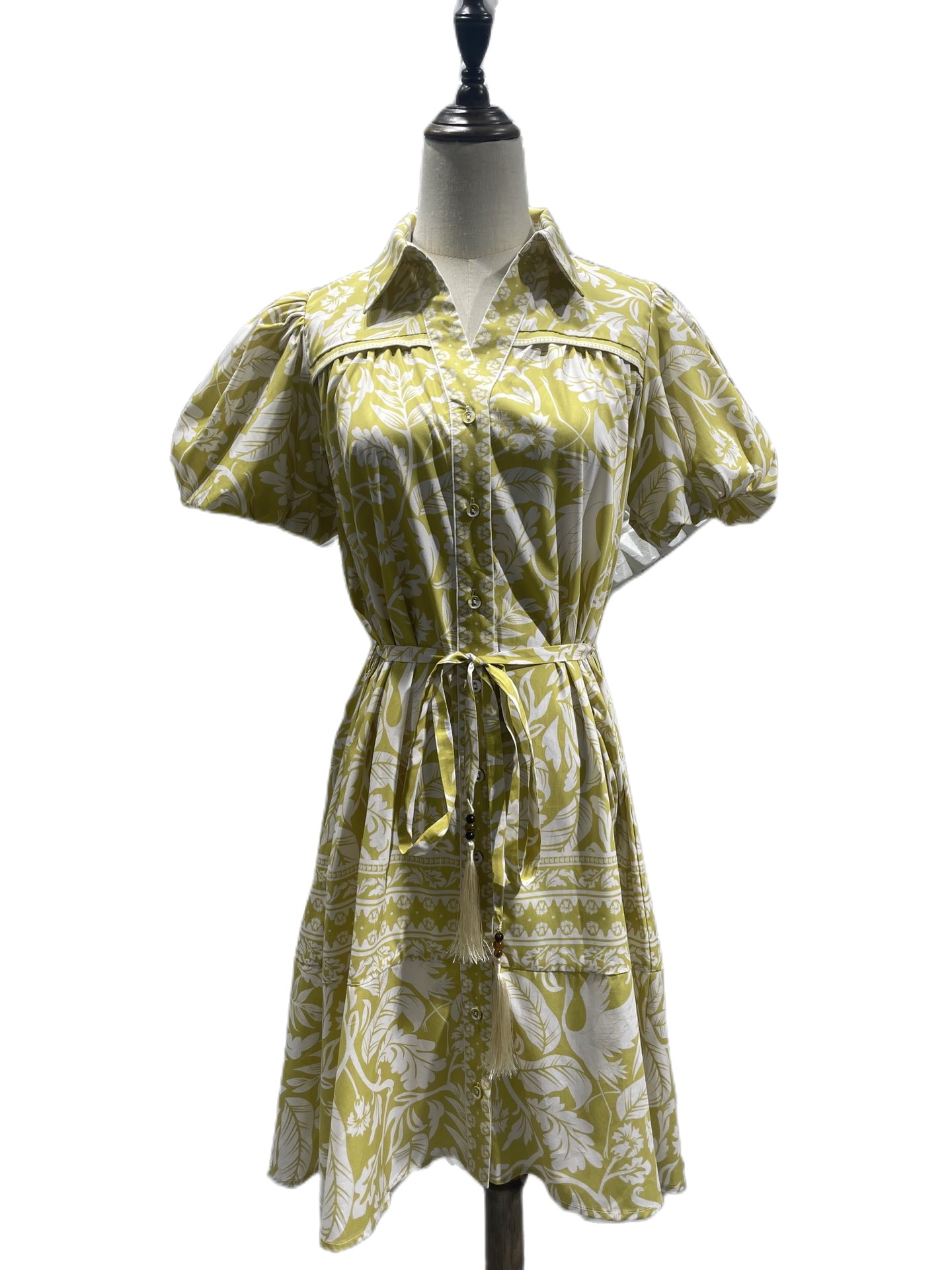 Temperament new shirt collar design Bubble sleeves with the same printed belt dress, Yellow
Temperament new shirt collar design Bubble sleeves with the same printed belt dress, Yellow