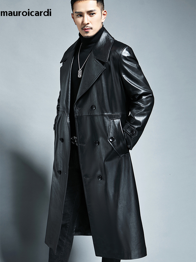 Men's Leather Faux Mauroicardi Spring Autumn Long Cool Waterproof Black Pu Trench Coat Men Double Breasted Plus Size Outerwear 4xl 5xl 221201