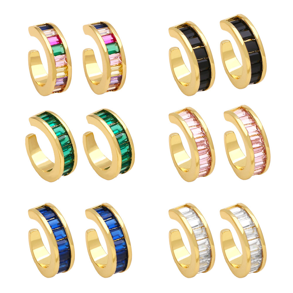 Hip Hop Hoop Earrings Bling Colorful Zircon Dangle Earrings No Piercing Ear Clips Gold Plated Jewelry