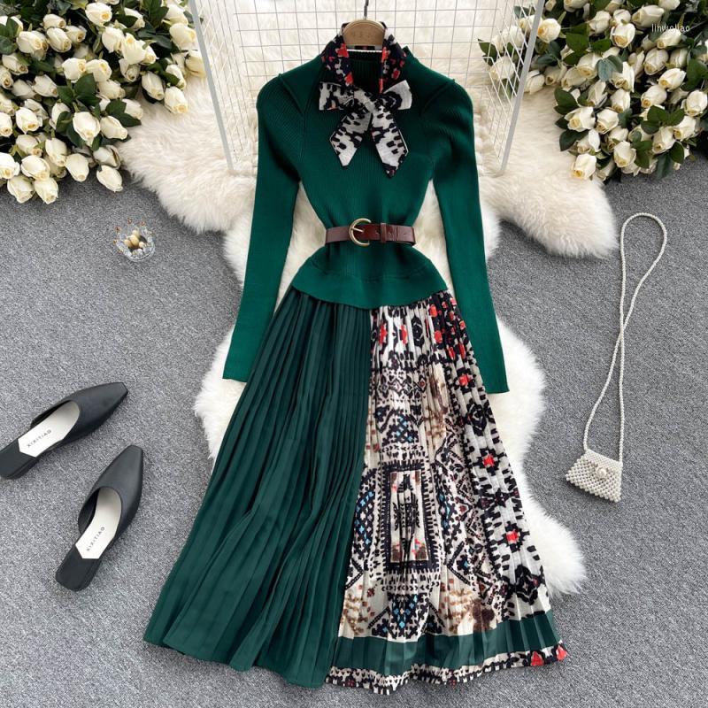 Casual Dresses Spring Fall Korean Elegant Knitted Patchwork High Quality Dress Women' Long Sleeve Retro Printing Pleated Belt Vestidos, Black
Casual Dresses Spring Fall Korean Elegant Knitted Patchwork High Quality Dress Women' Long Sleeve Retro Printing Pleated Belt Vestidos, Black