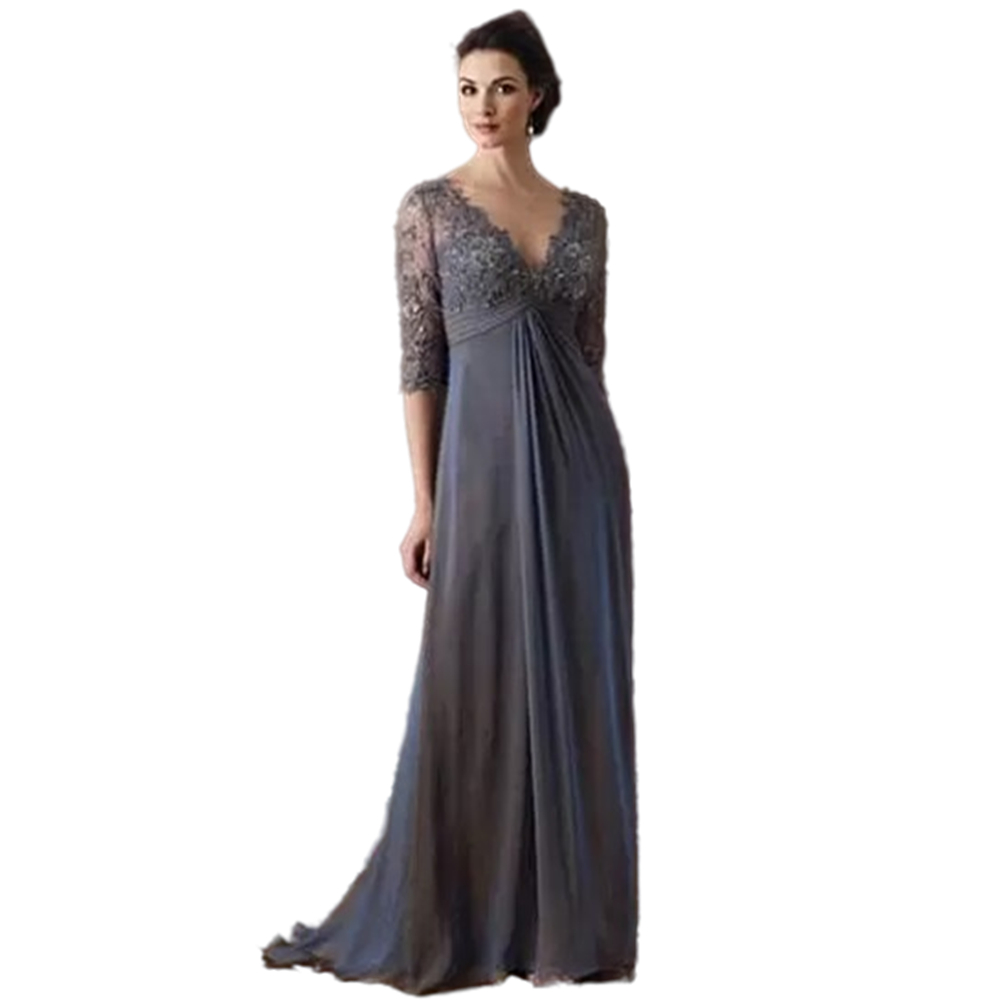 Plus Size Mother Of The Bride Dresses High Waist Appliques Lace Sheer Sleeves A-e Chiffon Long Prom Evening Wedding Guest Gown