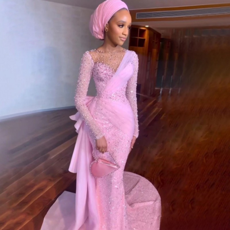 

Pink Arabic Dubai Mermaid Evening Dress 2023 Luxury Sheer O-neck Pearls Beaded Women Prom Party Gowns Abendkleider Robes de Soiree, Dark green