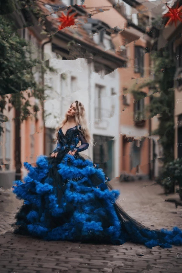 Long Sleeve Princess Prom Dresses 2023 High Low Lace Ruffles Clound Fairy Tulle Skirt Royal Blue Photoshoot Evening Gown